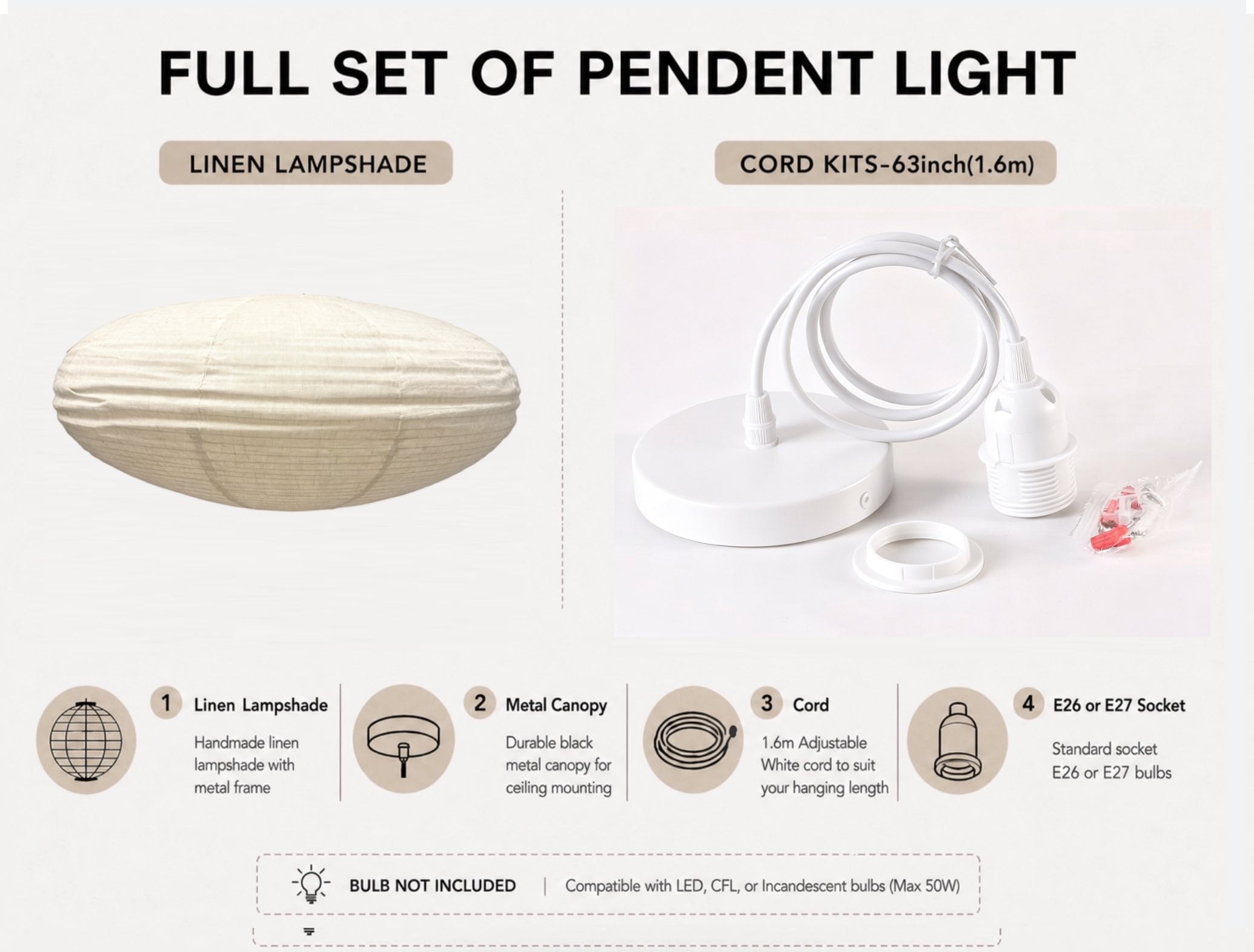 Japanese Stype linen Lantern Pendant Light Shade  – Minimalist Fabric Lampshade for Bedroom & Living Room