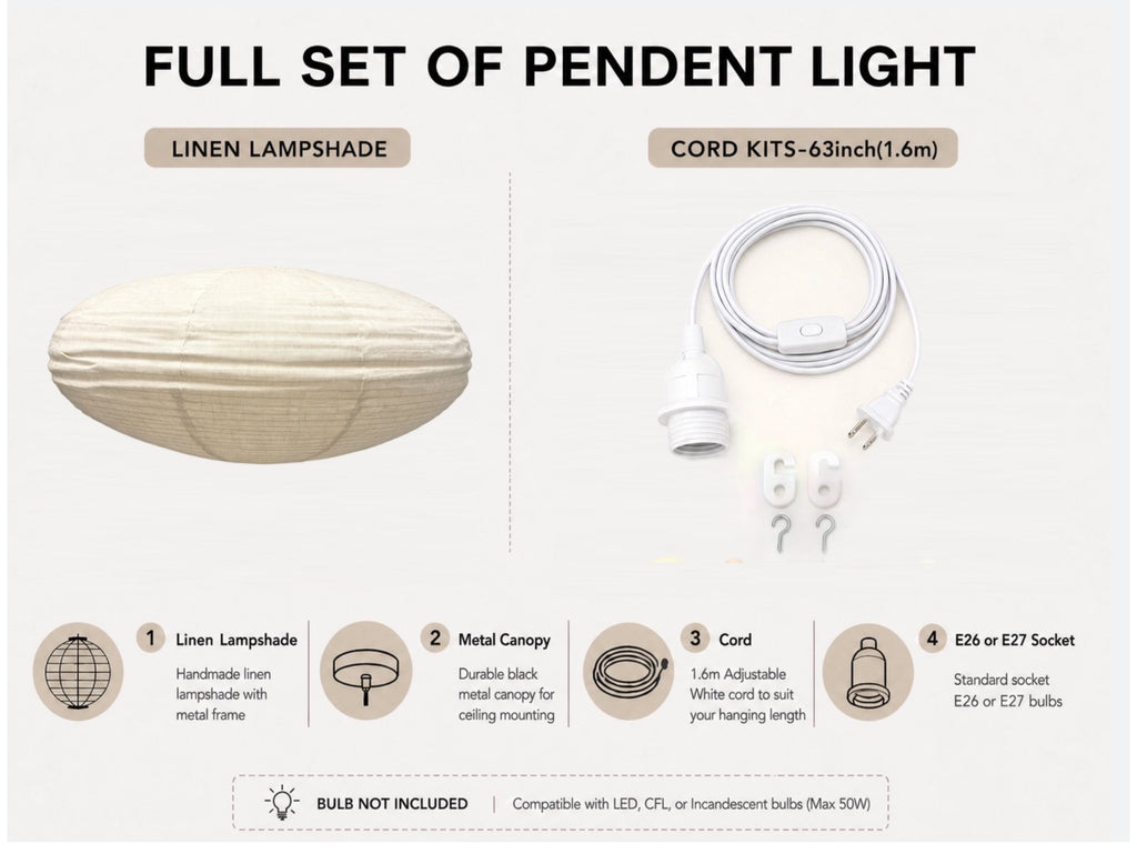 Japanese Stype linen Lantern Pendant Light Shade  – Minimalist Fabric Lampshade for Bedroom & Living Room