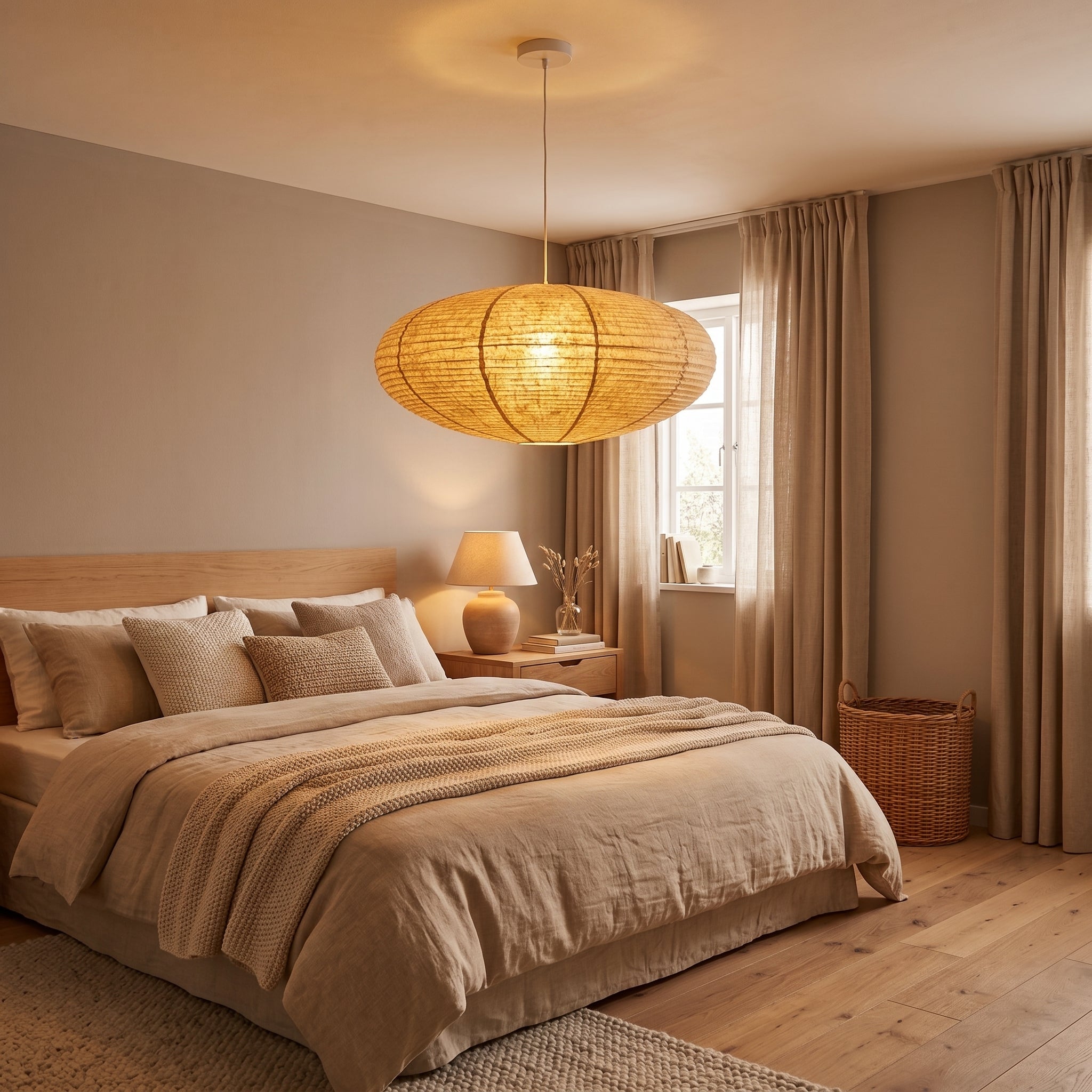 Japanese Stype linen Lantern Pendant Light Shade  – Minimalist Fabric Lampshade for Bedroom & Living Room