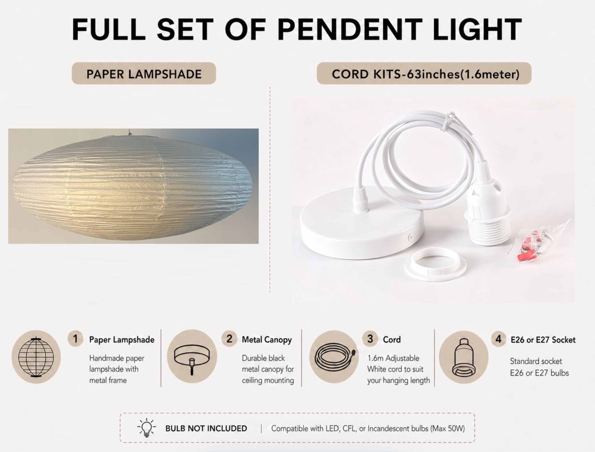 Japanese Rice Paper Lantern Pendant Light Shade (50cm-88cm) – Minimalist Paper Lampshade for Bedroom & Living Room