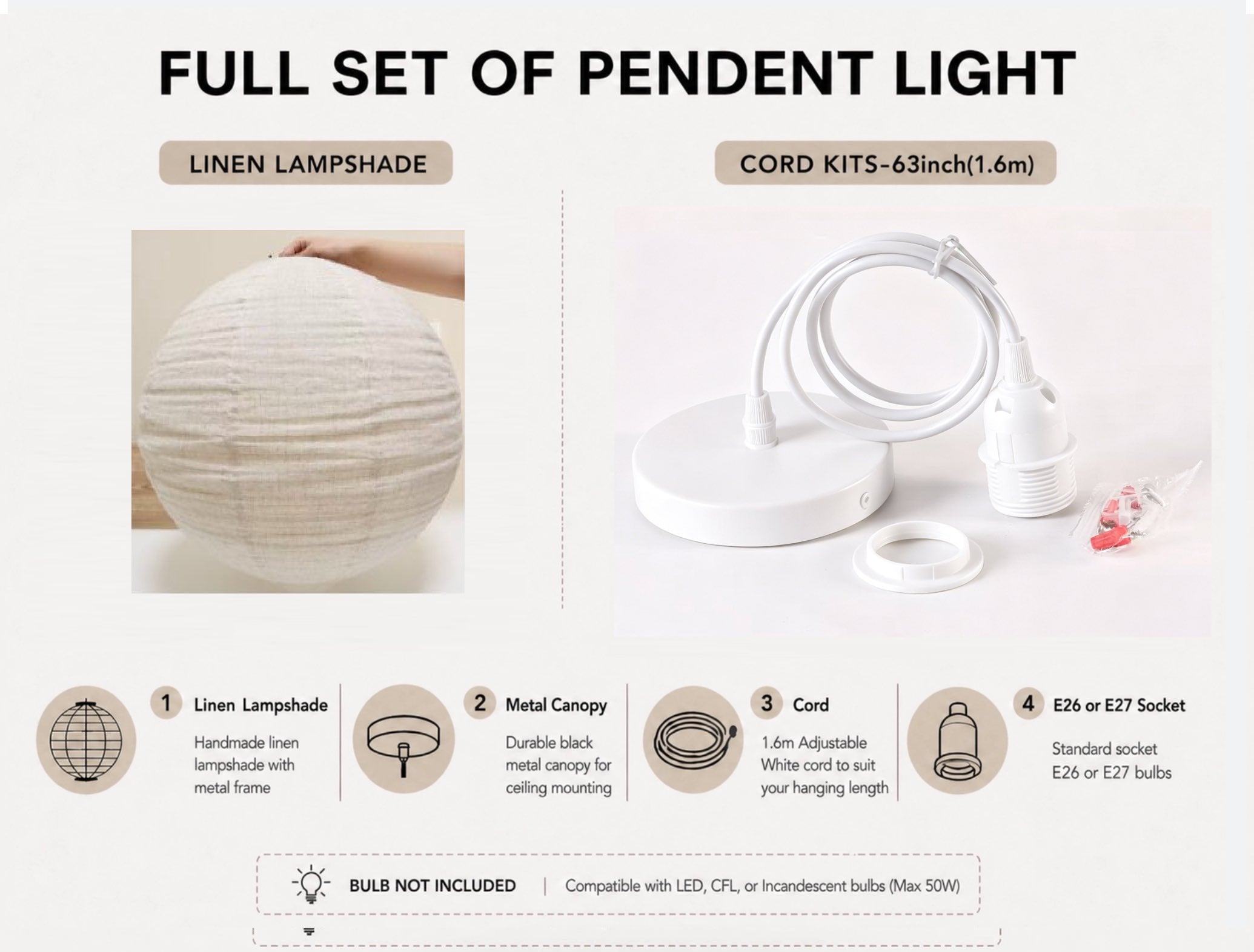 Custom Oversized Wabi-Sabi Pure Linen Globe Pendant Light with Cord Kit (Ceiling & Plug-In) – 100cm Made-to-Order