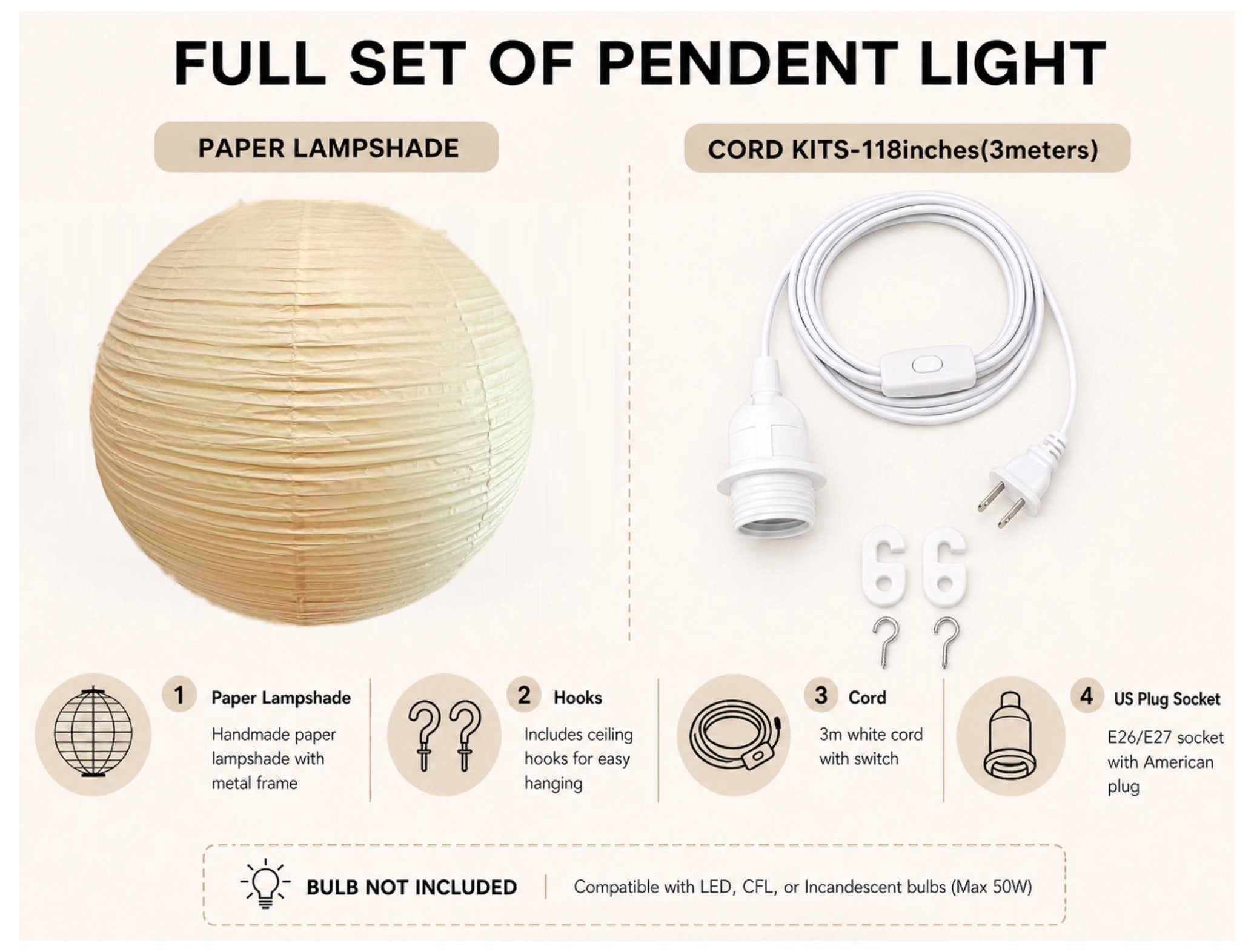 Japanese Rice Paper Lantern Pendant Light Shade – Minimalist Paper Lampshade for Bedroom & Living Room