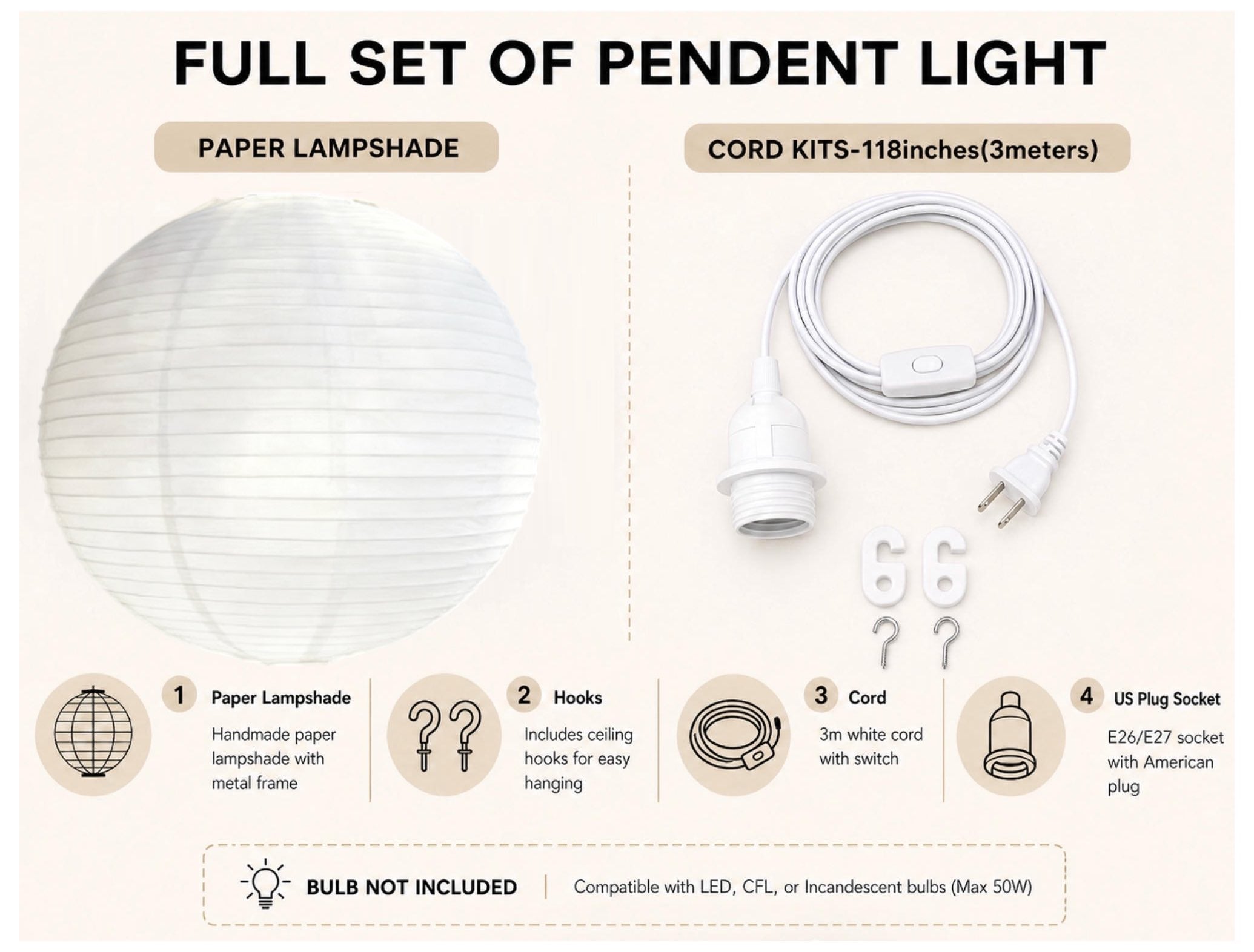 Japanese Rice Paper Lantern Pendant Light Shade – Minimalist Paper Lampshade for Bedroom & Living Room