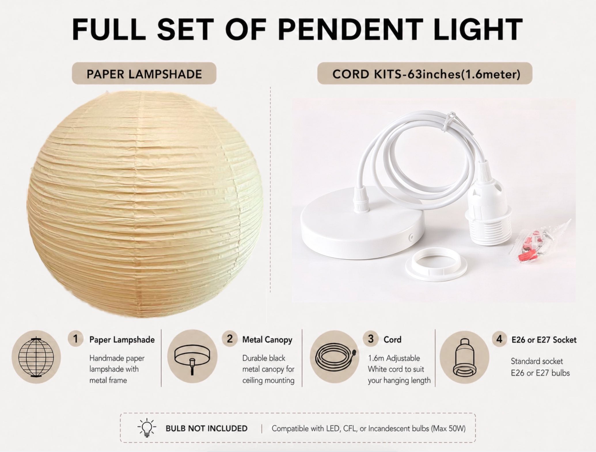 Japanese Rice Paper Lantern Pendant Light Shade – Minimalist Paper Lampshade for Bedroom & Living Room