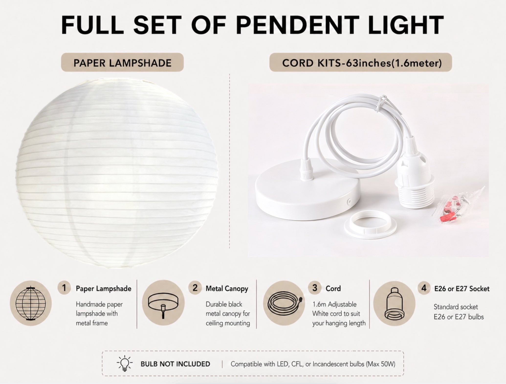 Japanese Rice Paper Lantern Pendant Light Shade – Minimalist Paper Lampshade for Bedroom & Living Room