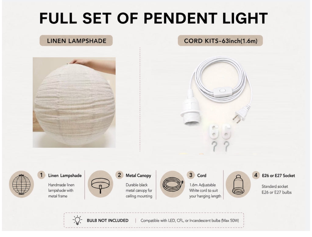 Custom Oversized Wabi-Sabi Pure Linen Globe Pendant Light with Cord Kit (Ceiling & Plug-In) – 100cm Made-to-Order