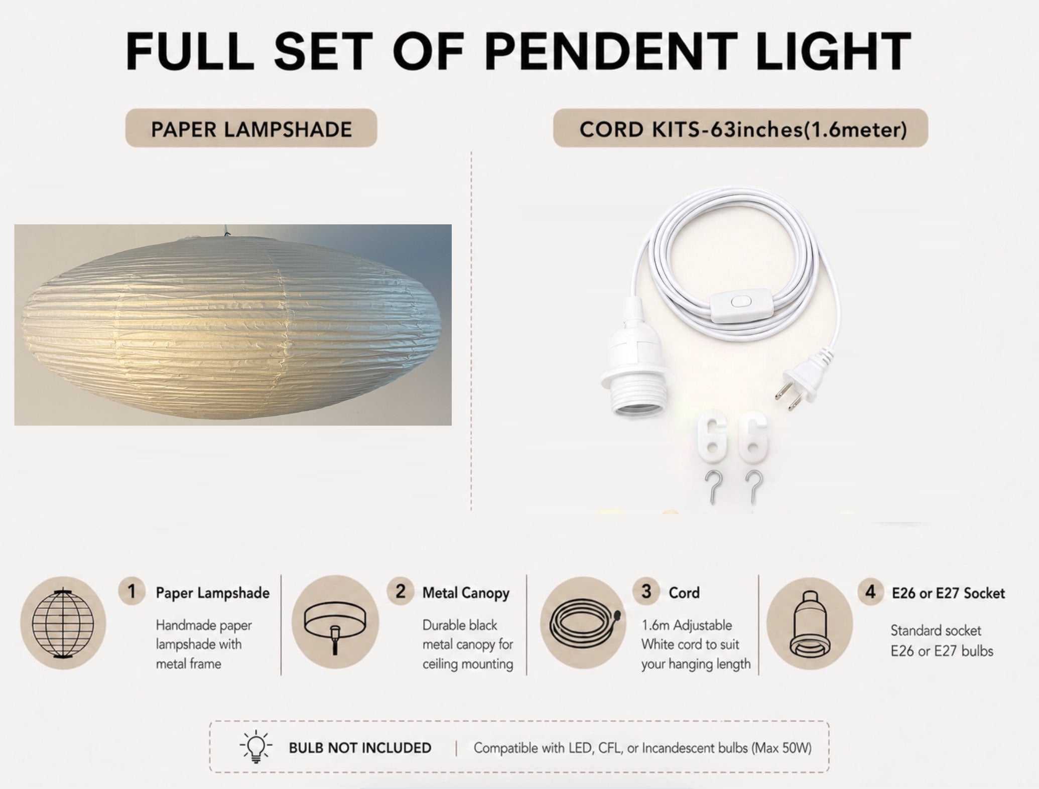 Japanese Rice Paper Lantern Pendant Light Shade (50cm-88cm) – Minimalist Paper Lampshade for Bedroom & Living Room