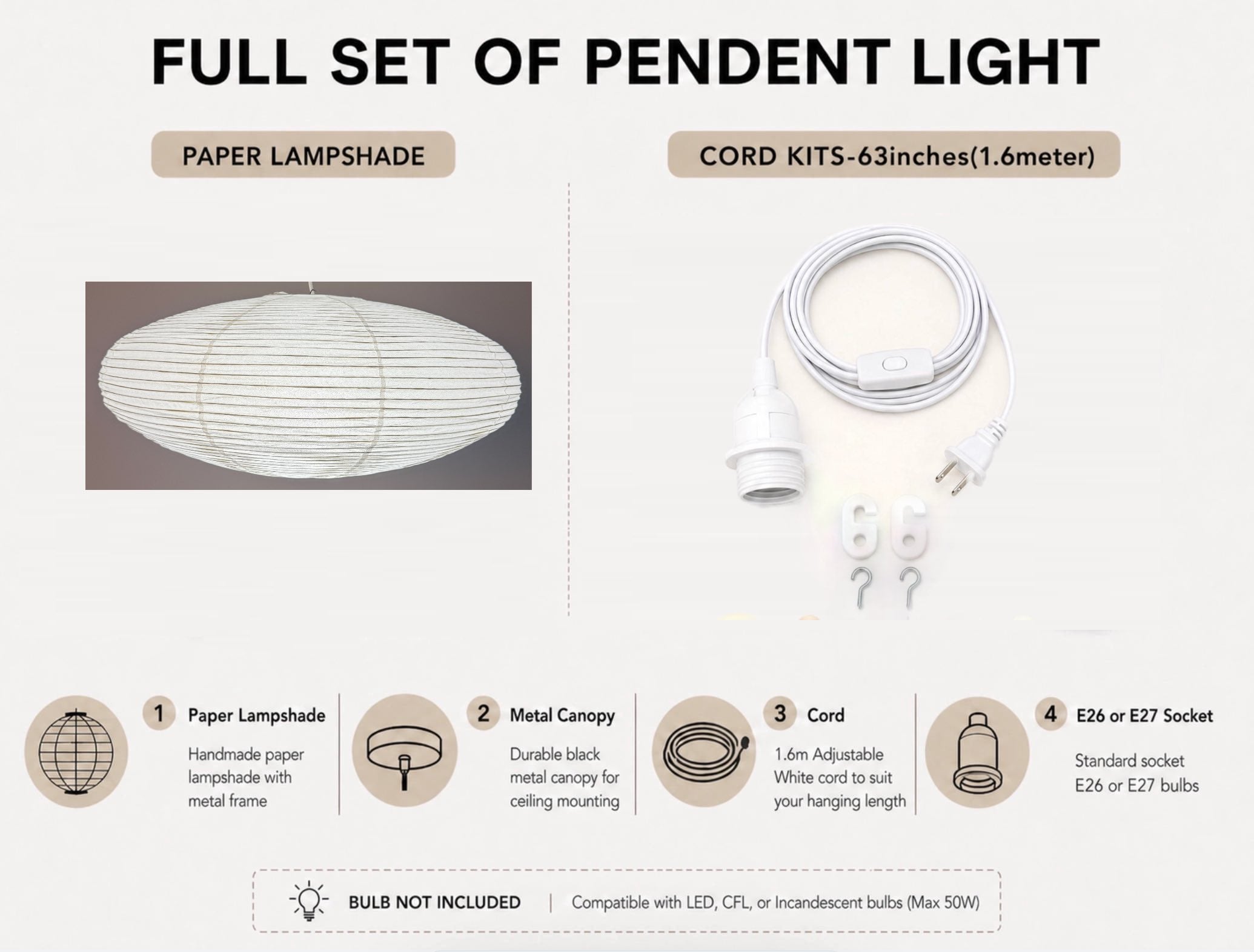 Japanese Rice Paper Lantern Pendant Light Shade (50cm-88cm) – Minimalist Paper Lampshade for Bedroom & Living Room
