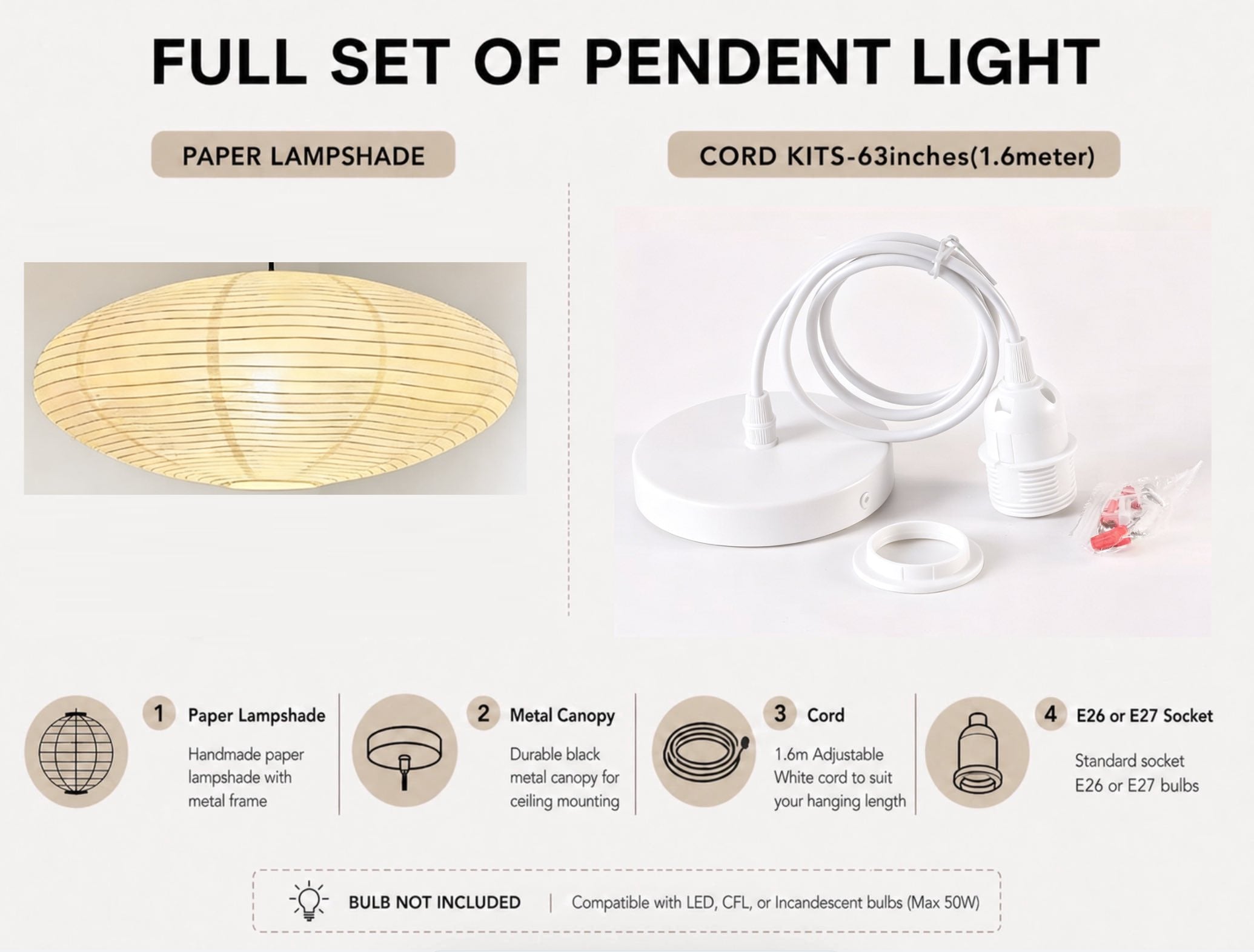 Japanese Rice Paper Lantern Pendant Light Shade (50cm-88cm) – Minimalist Paper Lampshade for Bedroom & Living Room