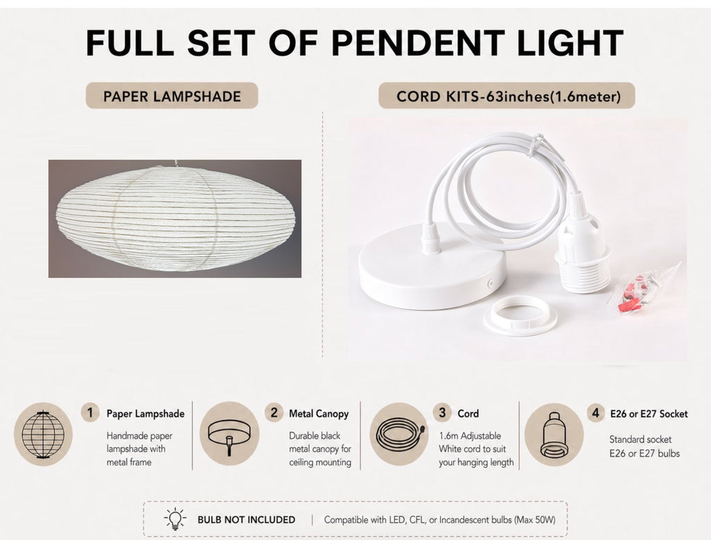 Japanese Rice Paper Lantern Pendant Light Shade (50cm-88cm) – Minimalist Paper Lampshade for Bedroom & Living Room